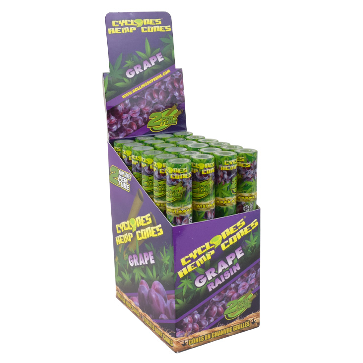 A retail display box of Grape Cyclones Hemp Cones, featuring purple and green packaging with illustrations of grapevines and a grape illustration, filled with individual green and purple hemp cones.
