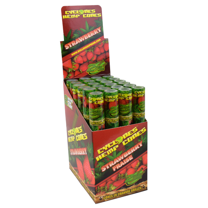 A retail display box filled with small cylindrical cases of Cyclones Hemp Cones Strawberry, shown on a plain white background.