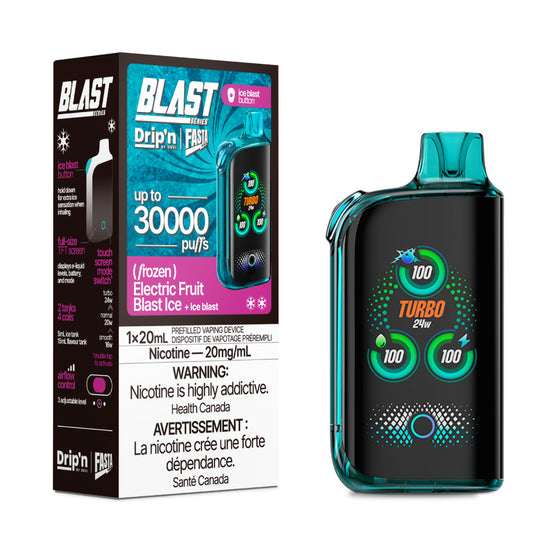 Fasta Blast vaping device with digital display and packaging labeled 'Blast' on a white background