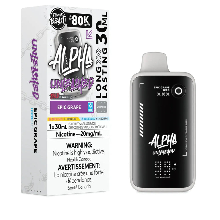 Flavour Beast Alpha Unleashed disposable vape device next to its retail packaging box, featuring a black and white design with purple accents for the Epic Grape flavor.