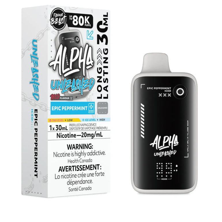 Alpha Unleashed EPIC Peppermint disposable vape device next to its retail packaging box on a plain white background.