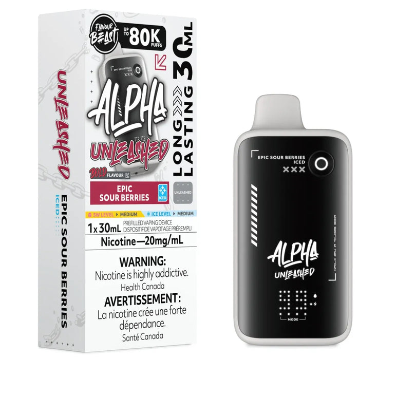 Alpha Unleashed Epic Sour Berries disposable vape device next to its retail packaging box on a white background.