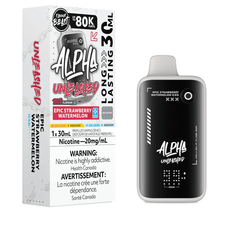 Alpha Unleashed disposable vape device next to its retail packaging box, featuring a black and white design with red and yellow accents, labeled as Epic Strawberry Watermelon.