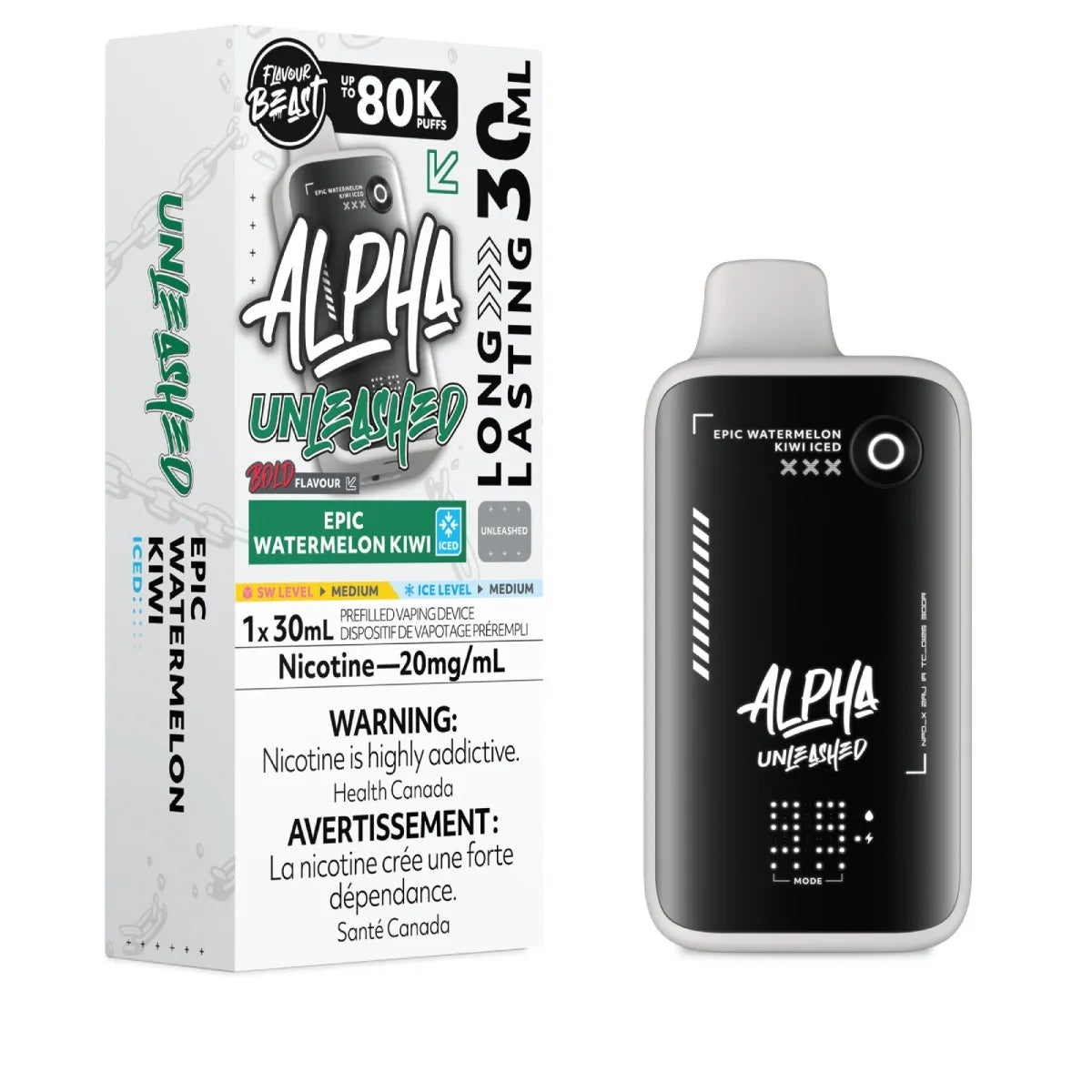 Alpha Unleashed EPIC Watermelon Kiwi disposable vape pen next to its retail packaging box, featuring a black and white design with green and yellow flavor accents.