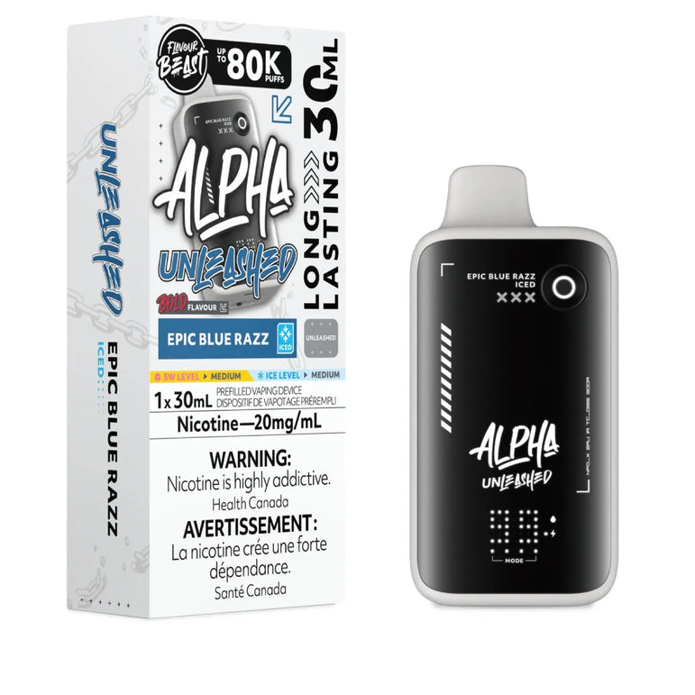 A prefilled vape device and its retail packaging box from the brand Flavor Beast. The device is black with a silver-gray mouthpiece and features the 'Alpha Unleashed' and 'Epic Blue Razz' branding.