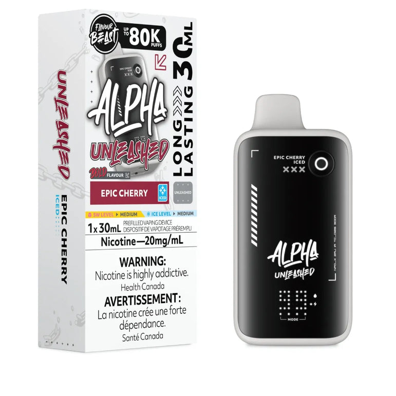 Alpha Unleashed K20 disposable vape device next to its retail packaging box, featuring the Epic Cherry flavor. The device is black with a silver-gray mouthpiece, and the box is white with black and red graphics.