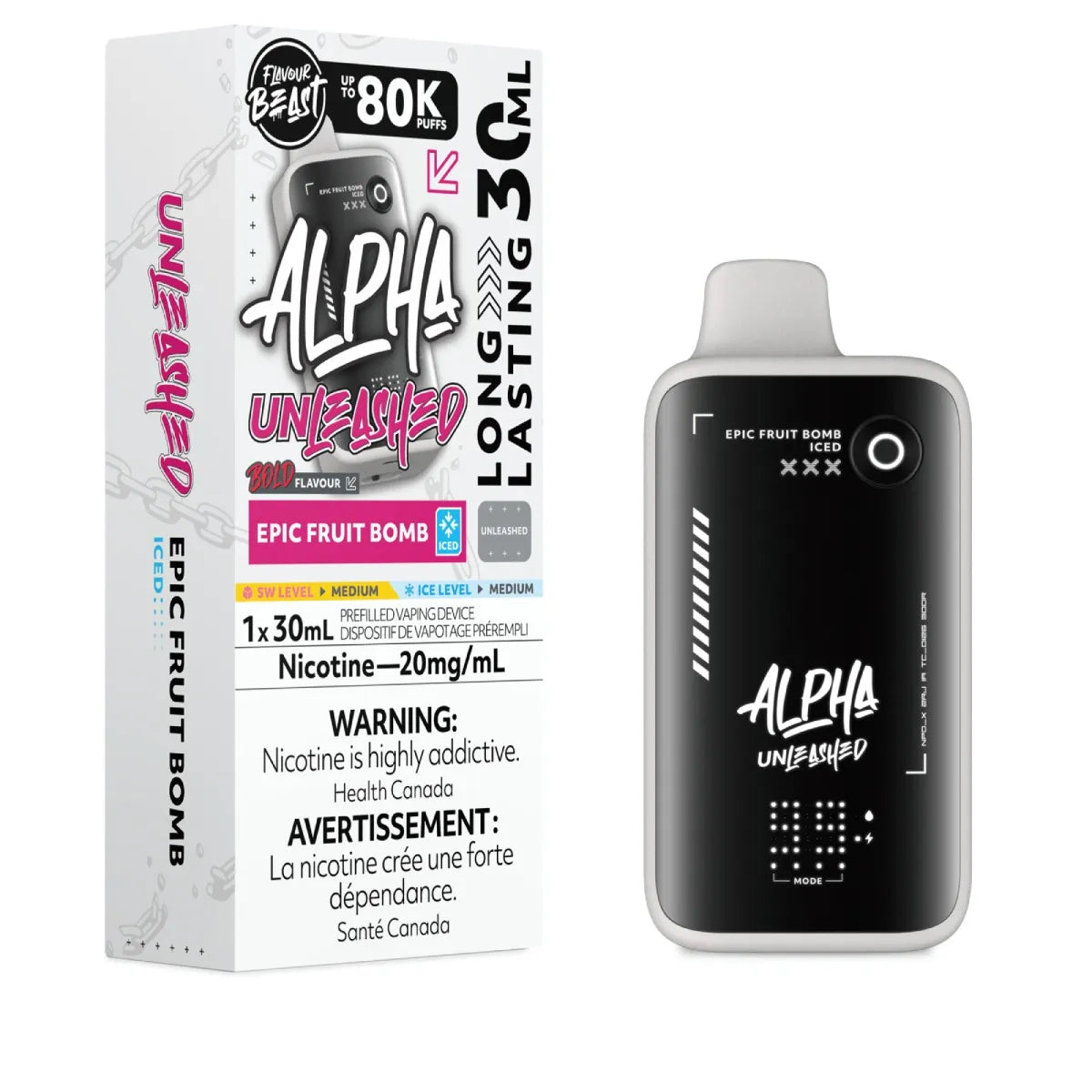 Alpha Unleashed disposable vape device next to its retail packaging box, featuring a black and white design with pink accents for the Epic Fruit Bomb flavor.