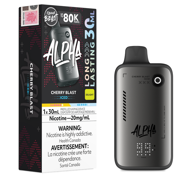 Alpha Cherry Blast vape device and packaging on a white background