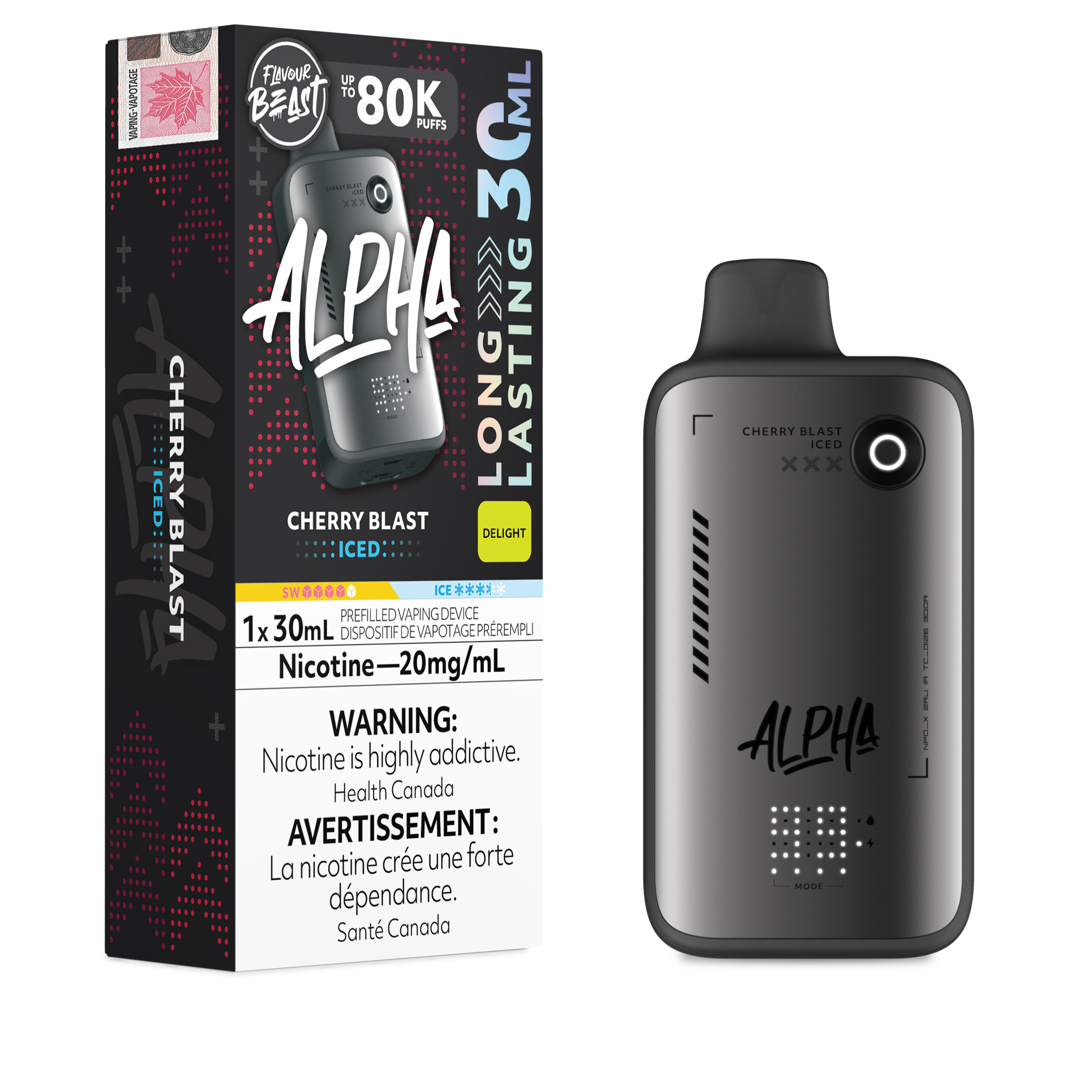 Alpha Cherry Blast vape device and packaging on a white background