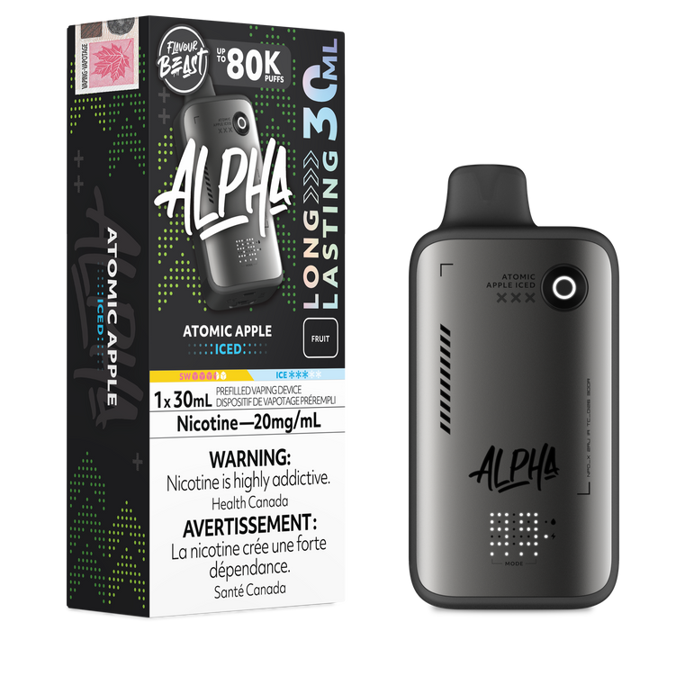 Alpha vape device and packaging on a white background