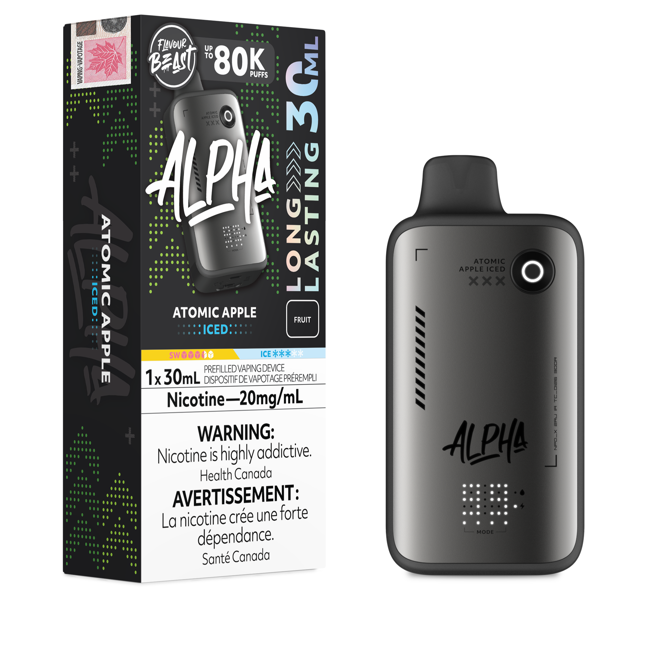 Alpha vape device and packaging on a white background