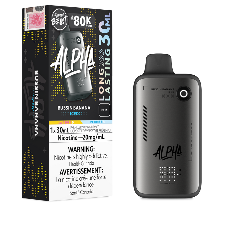 Alpha vape device and packaging on a white background
