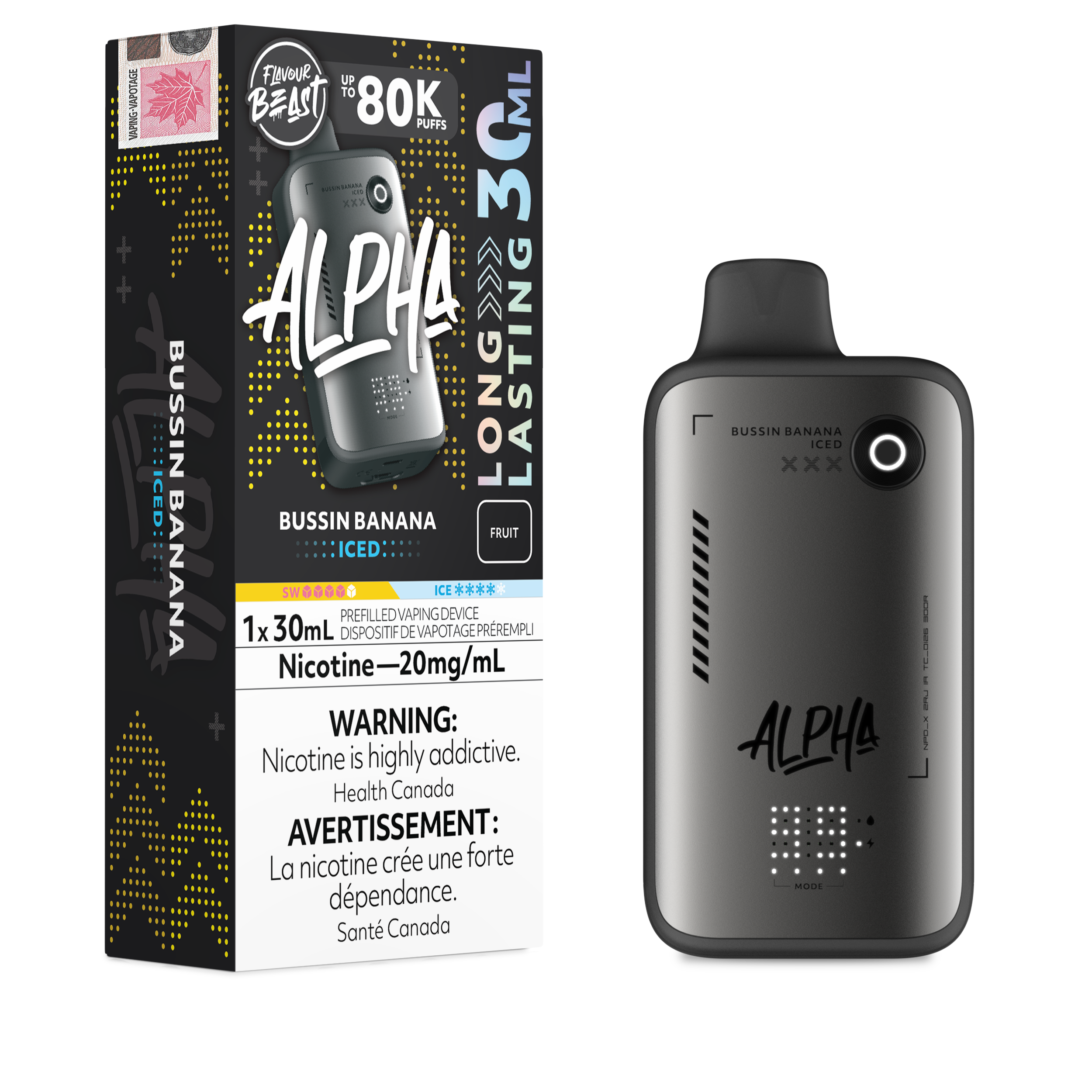 Alpha vape device and packaging on a white background