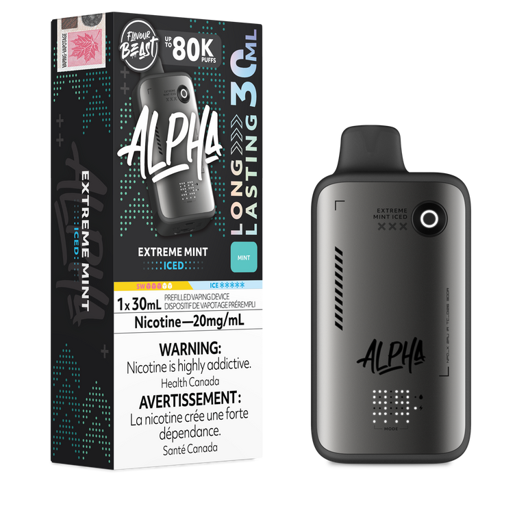Alpha vape device and packaging on a white background
