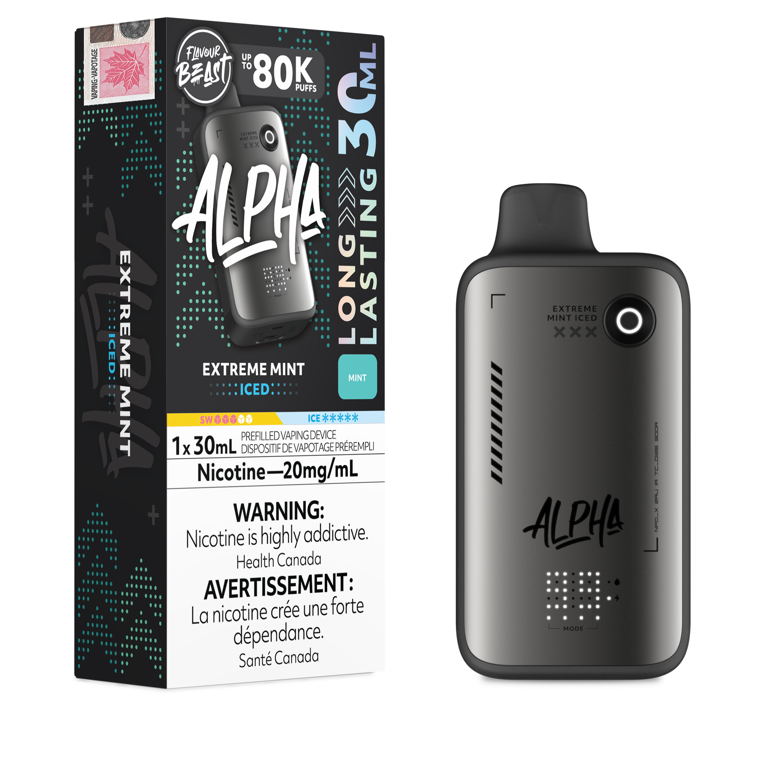 Alpha vape device and packaging on a white background