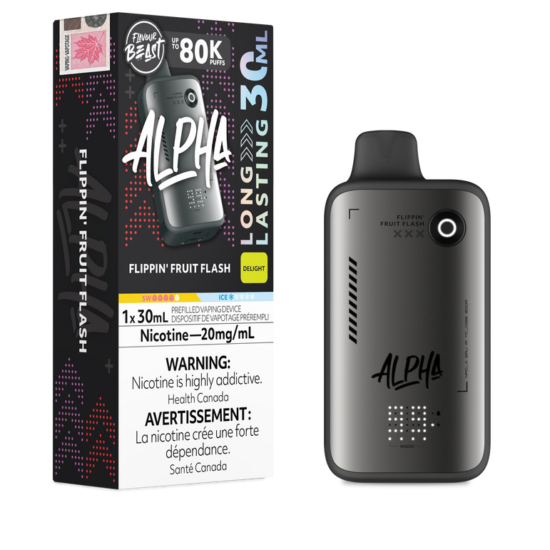 Alpha vape device and packaging on a white background