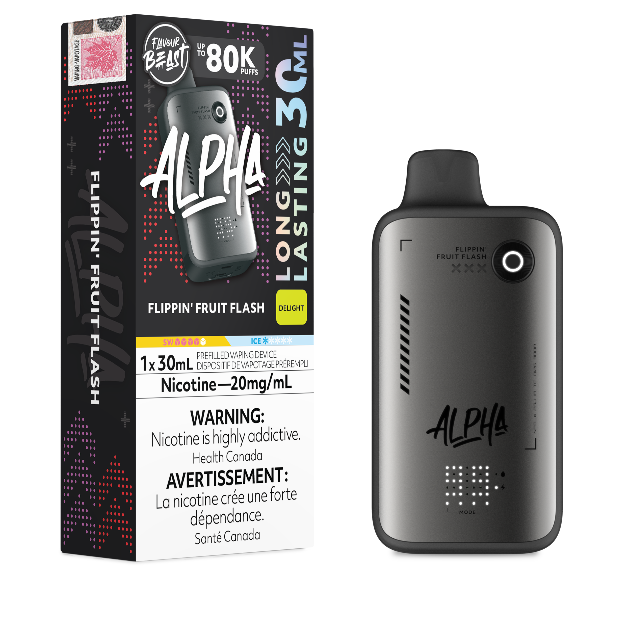 Alpha vape device and packaging on a white background
