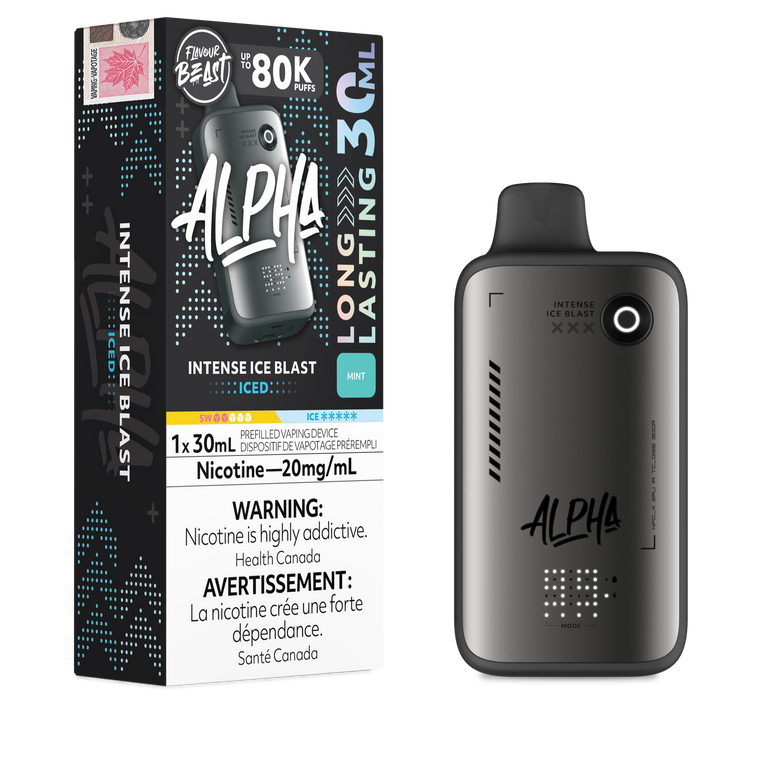 Alpha vape device with packaging on a white background