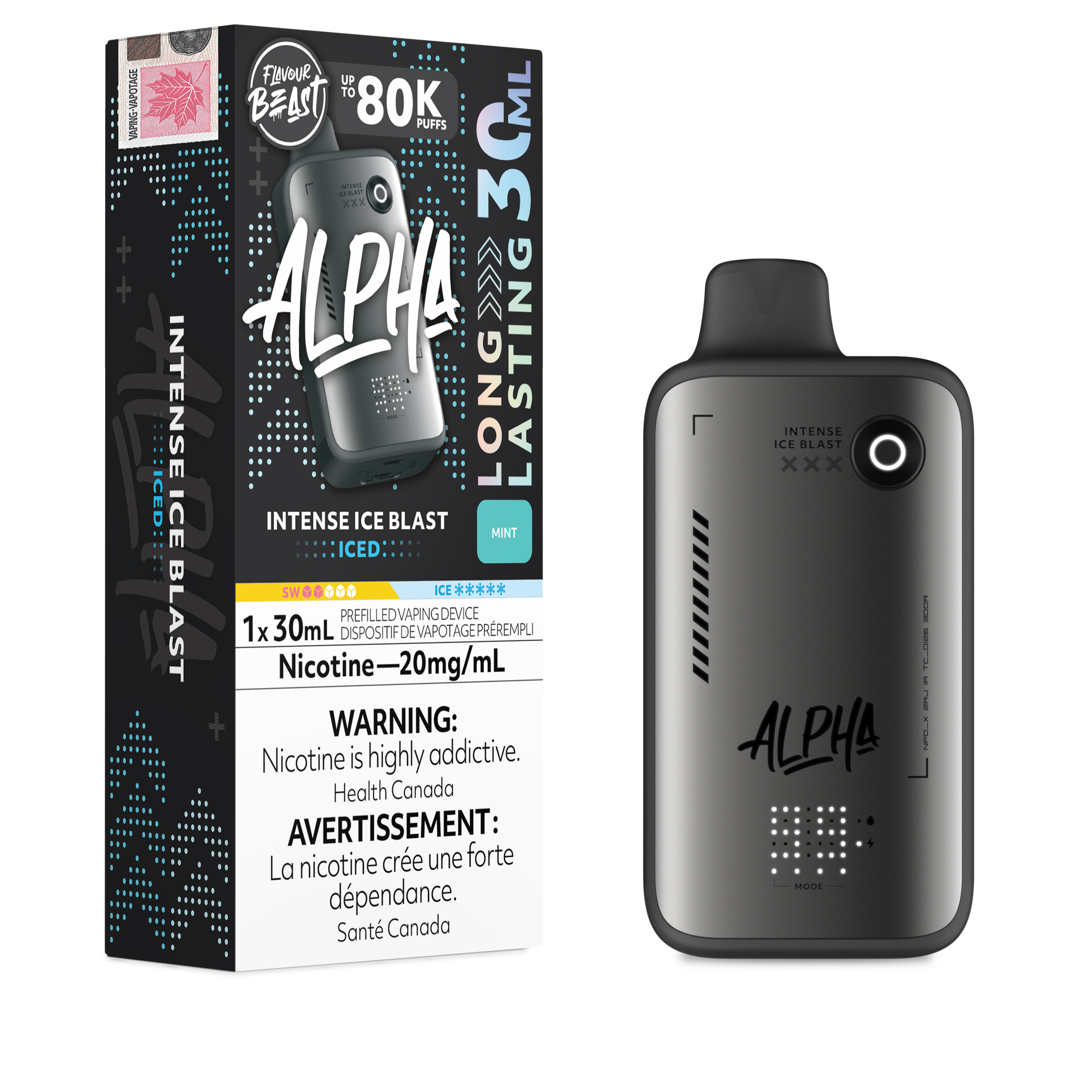 Alpha vape device with packaging on a white background