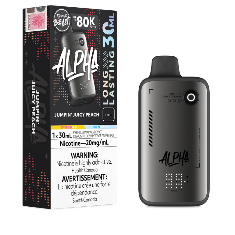Alpha vaping device with packaging on a white background