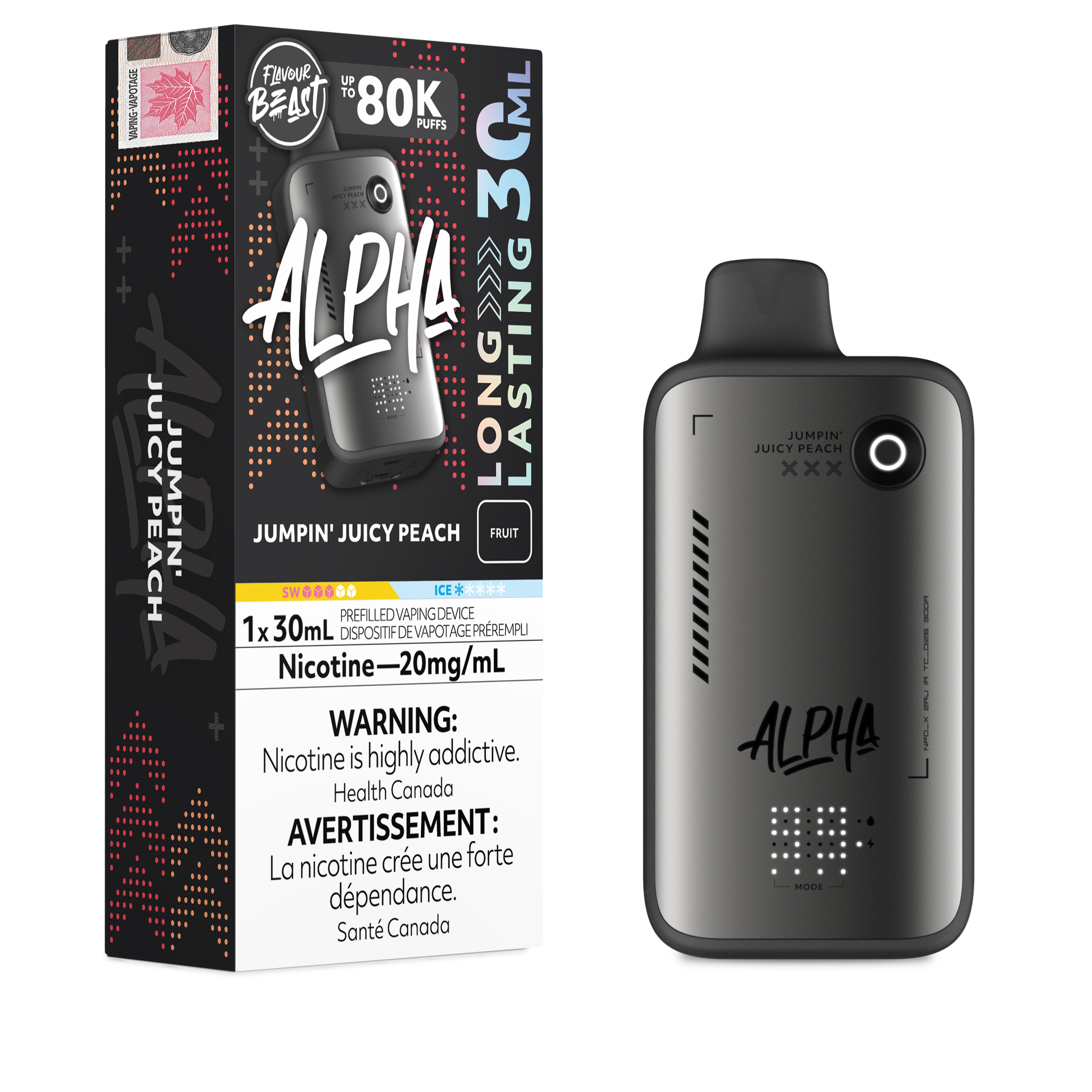 Alpha vaping device with packaging on a white background