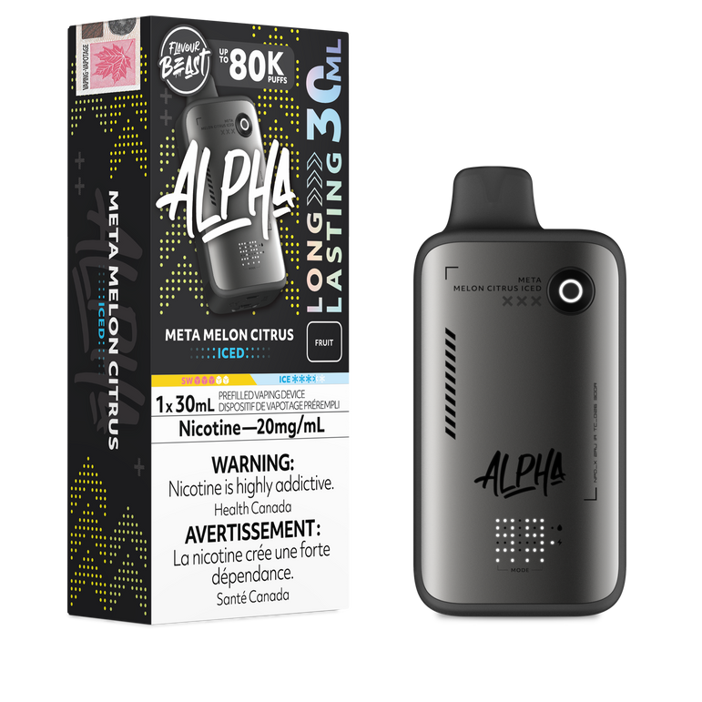 Alpha vape device and packaging on a white background