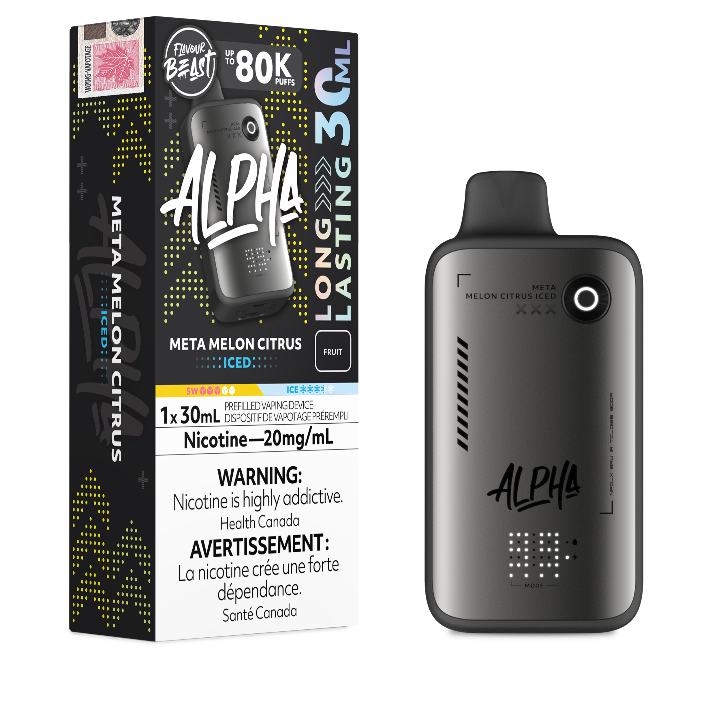 Alpha vape device and packaging on a white background