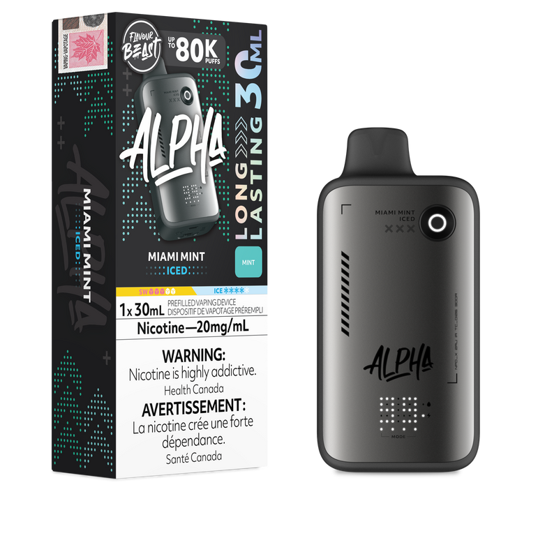 Alpha vape device and packaging on a white background