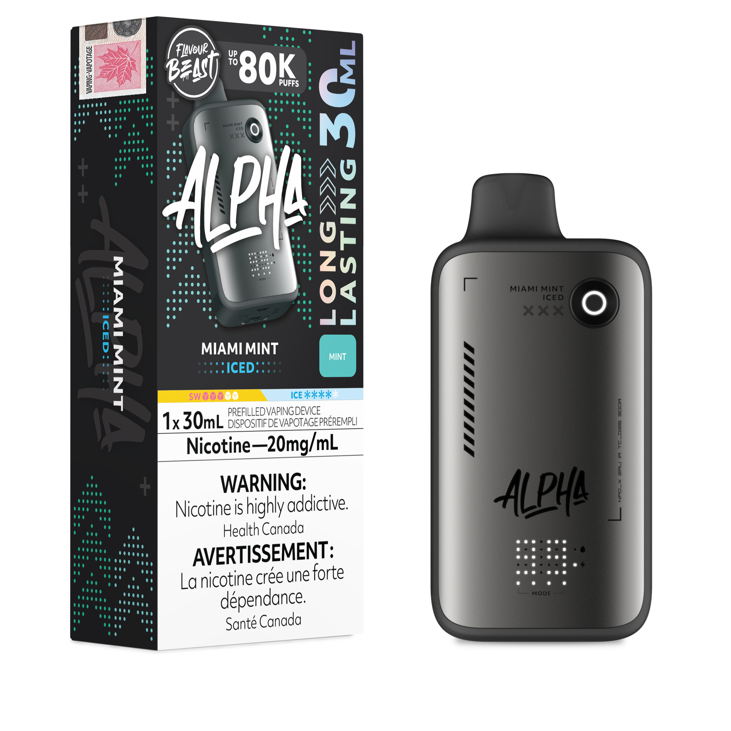Alpha vape device and packaging on a white background