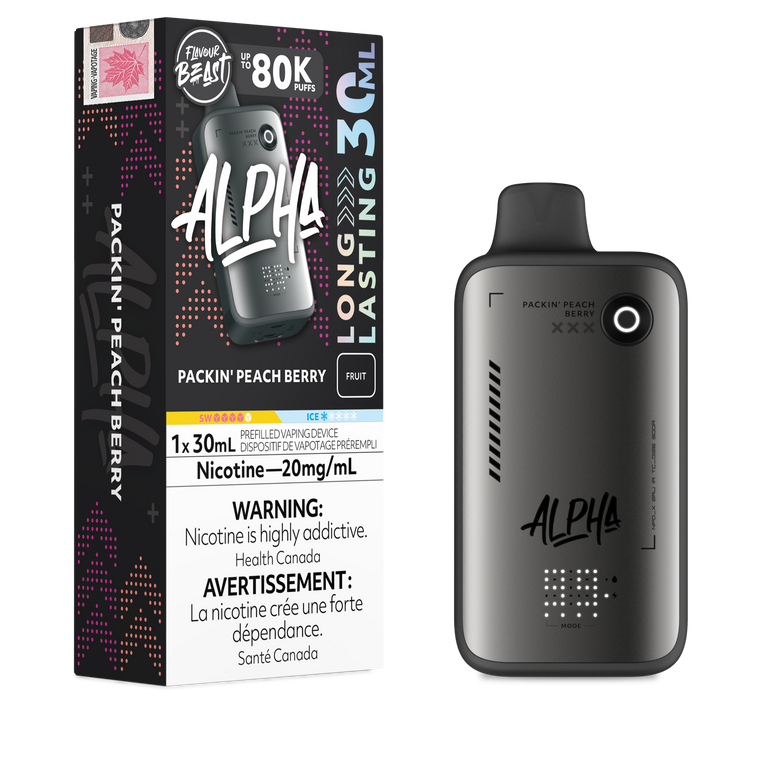 Alpha vape device and packaging on a white background
