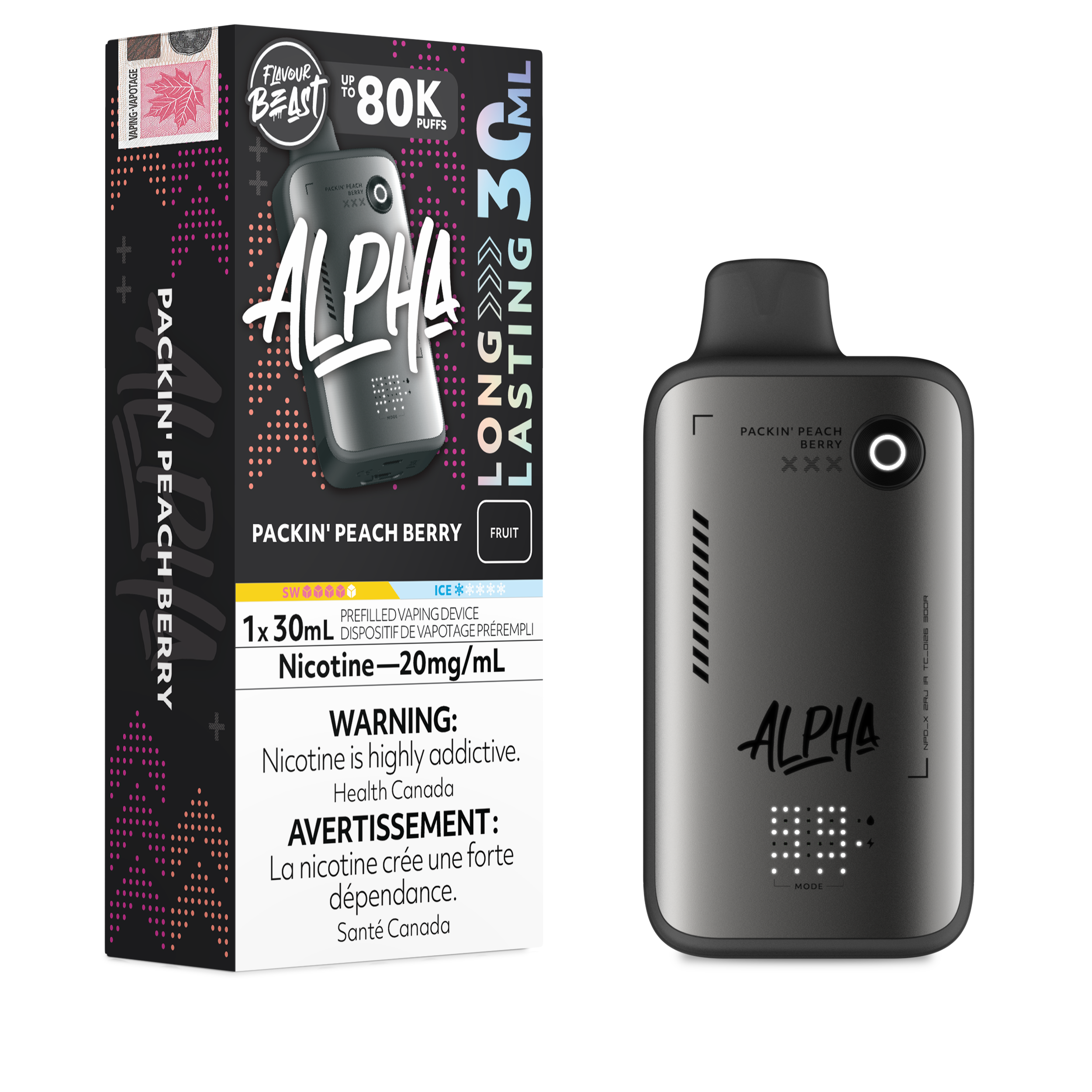 Alpha vape device and packaging on a white background