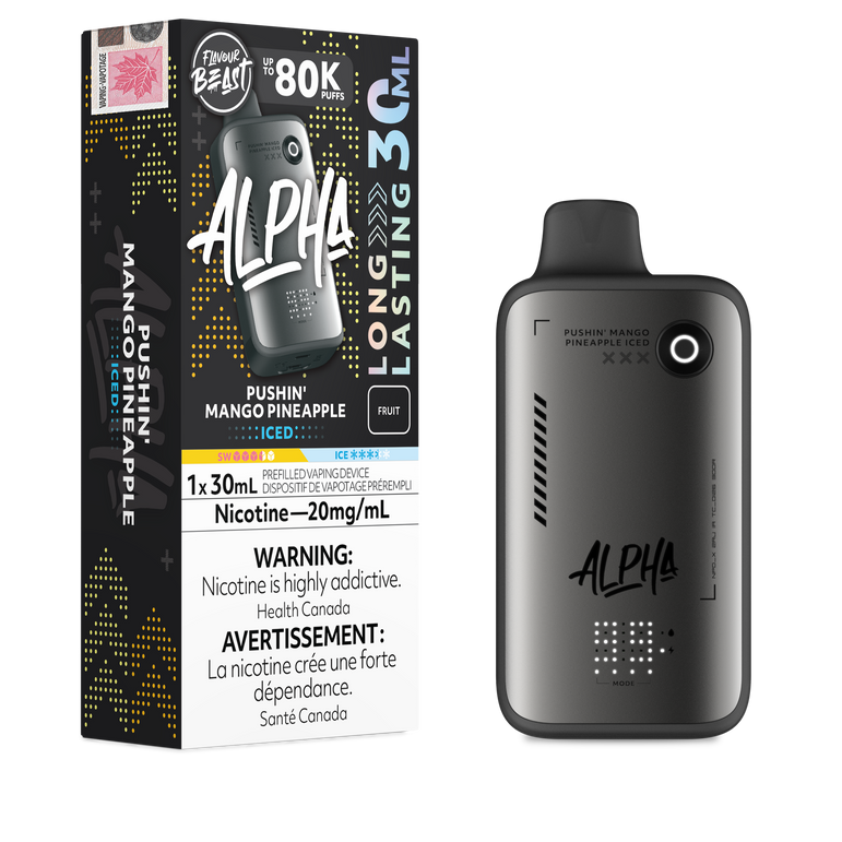 Alpha vape device and packaging on a white background