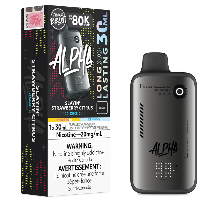 Alpha vape device and packaging on a white background