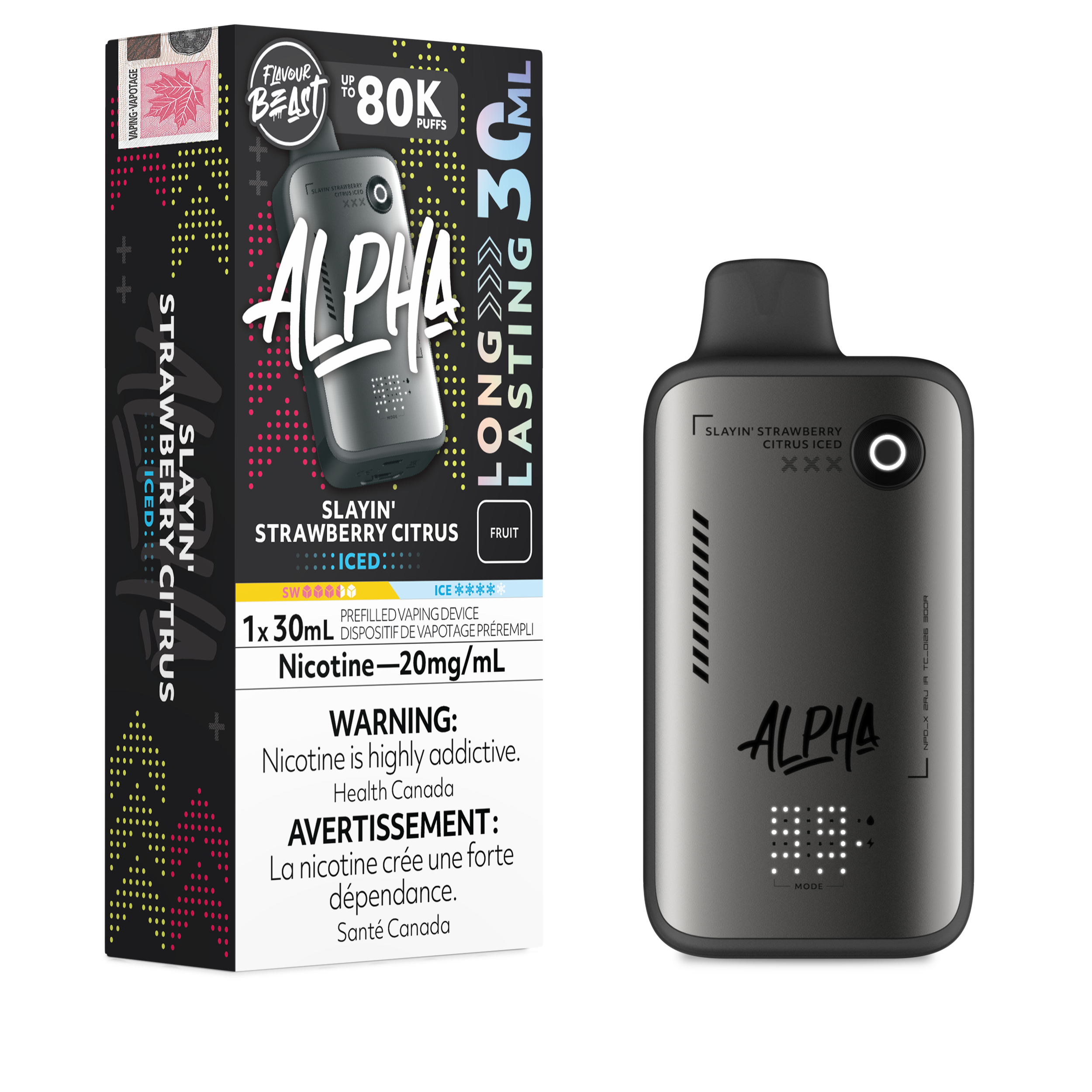 Alpha vape device and packaging on a white background