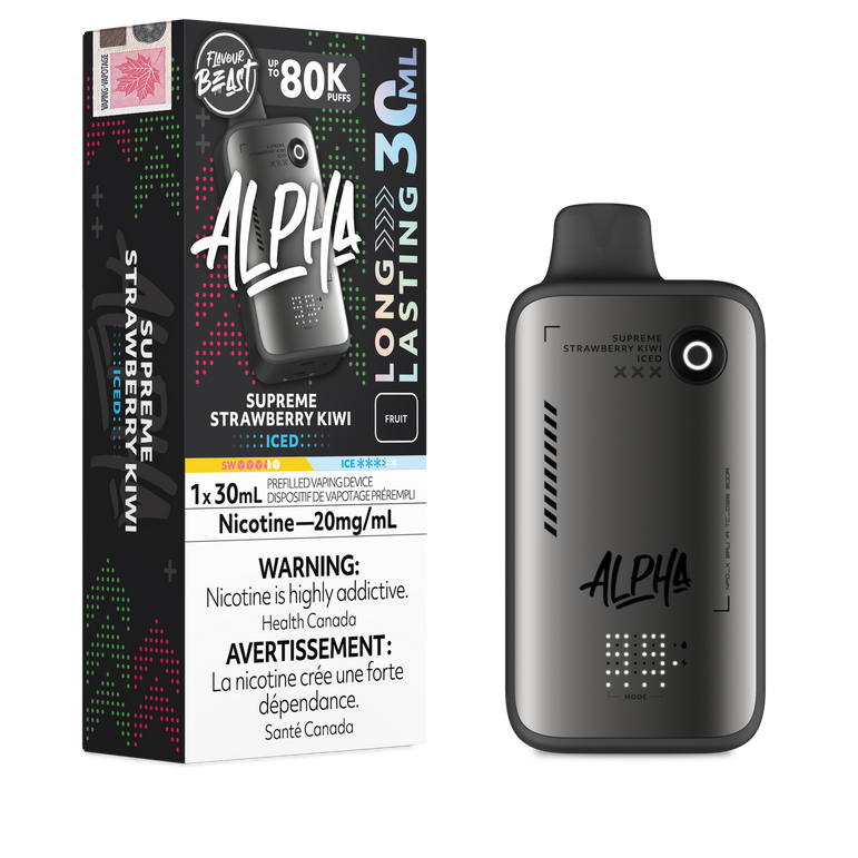 Alpha vape device and packaging on a white background