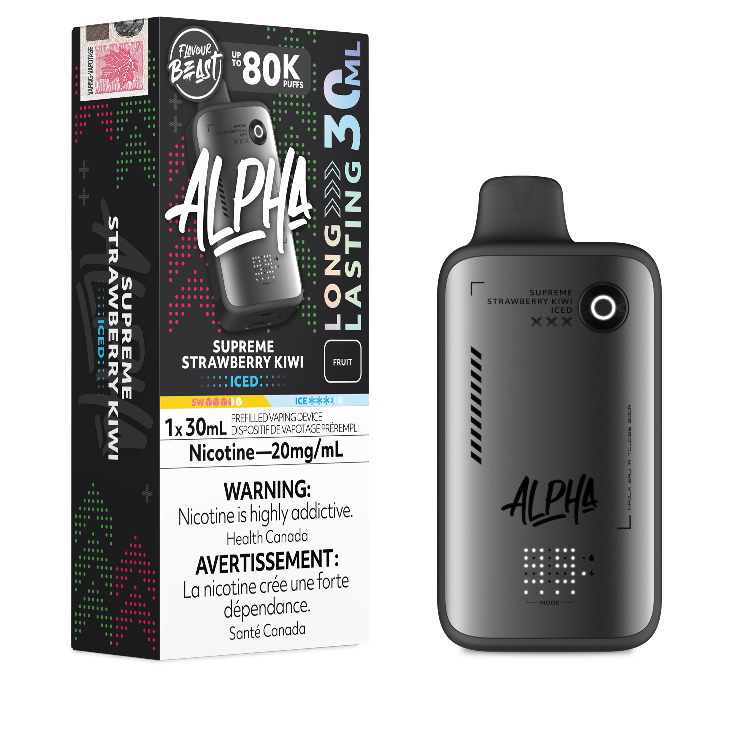 Alpha vape device and packaging on a white background