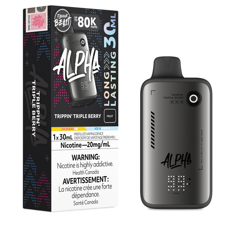 Alpha vaping device with packaging on a white background