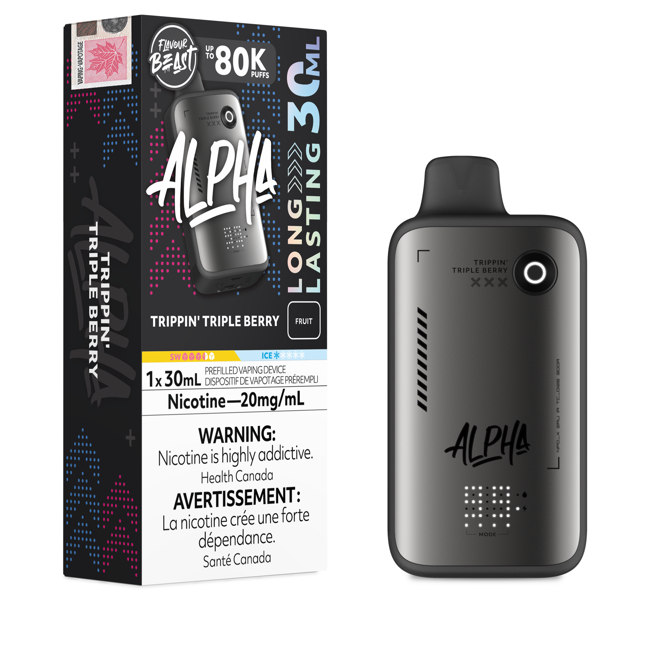 Alpha vaping device with packaging on a white background
