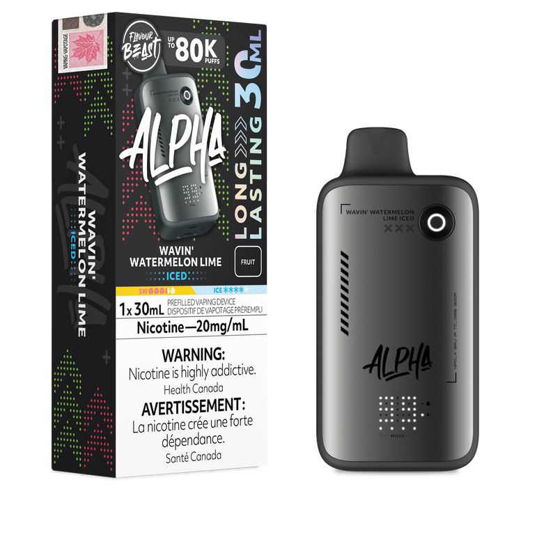 Alpha vape device and packaging on a white background