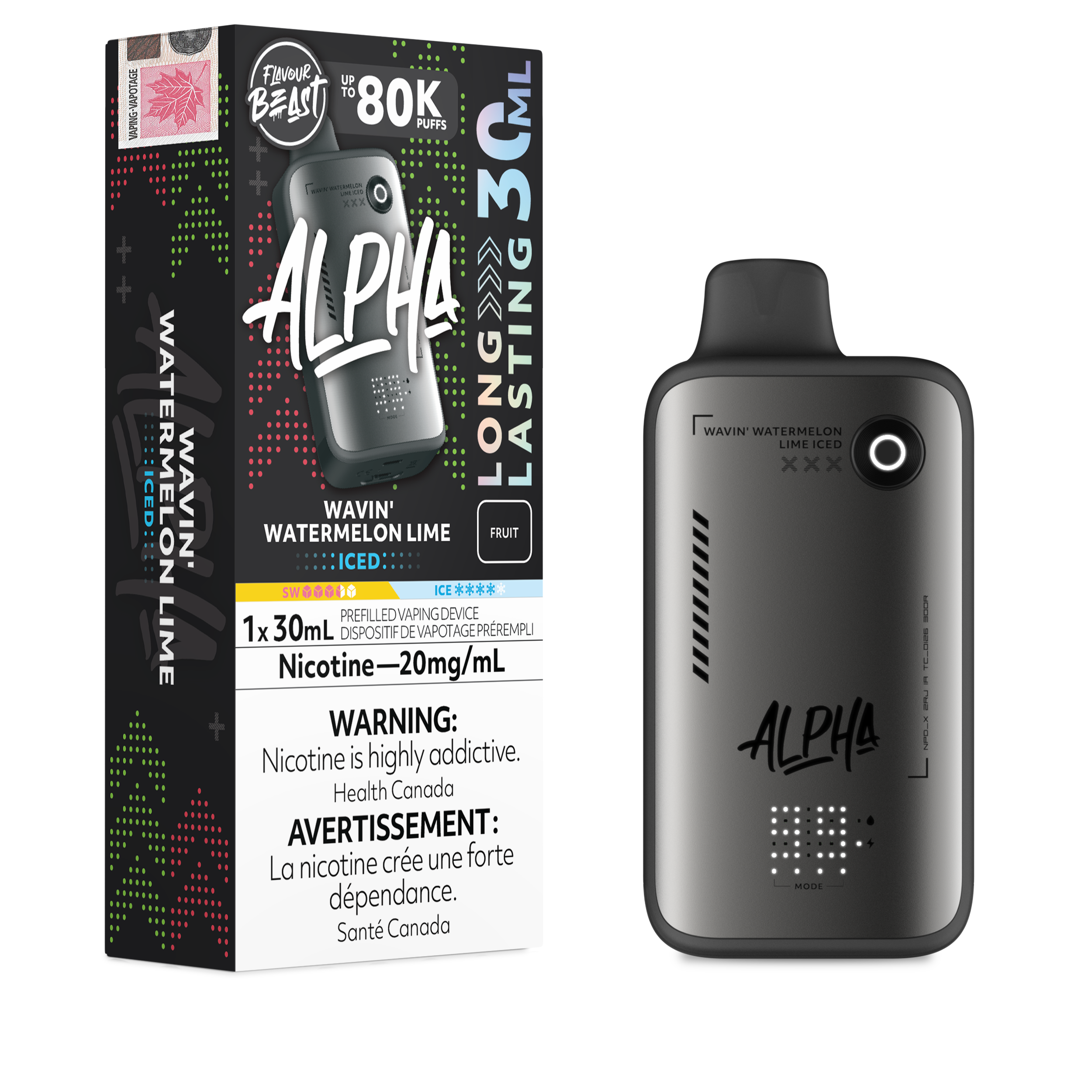 Alpha vape device and packaging on a white background
