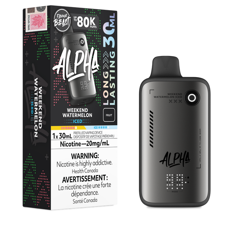 Alpha vape device and packaging on a white background