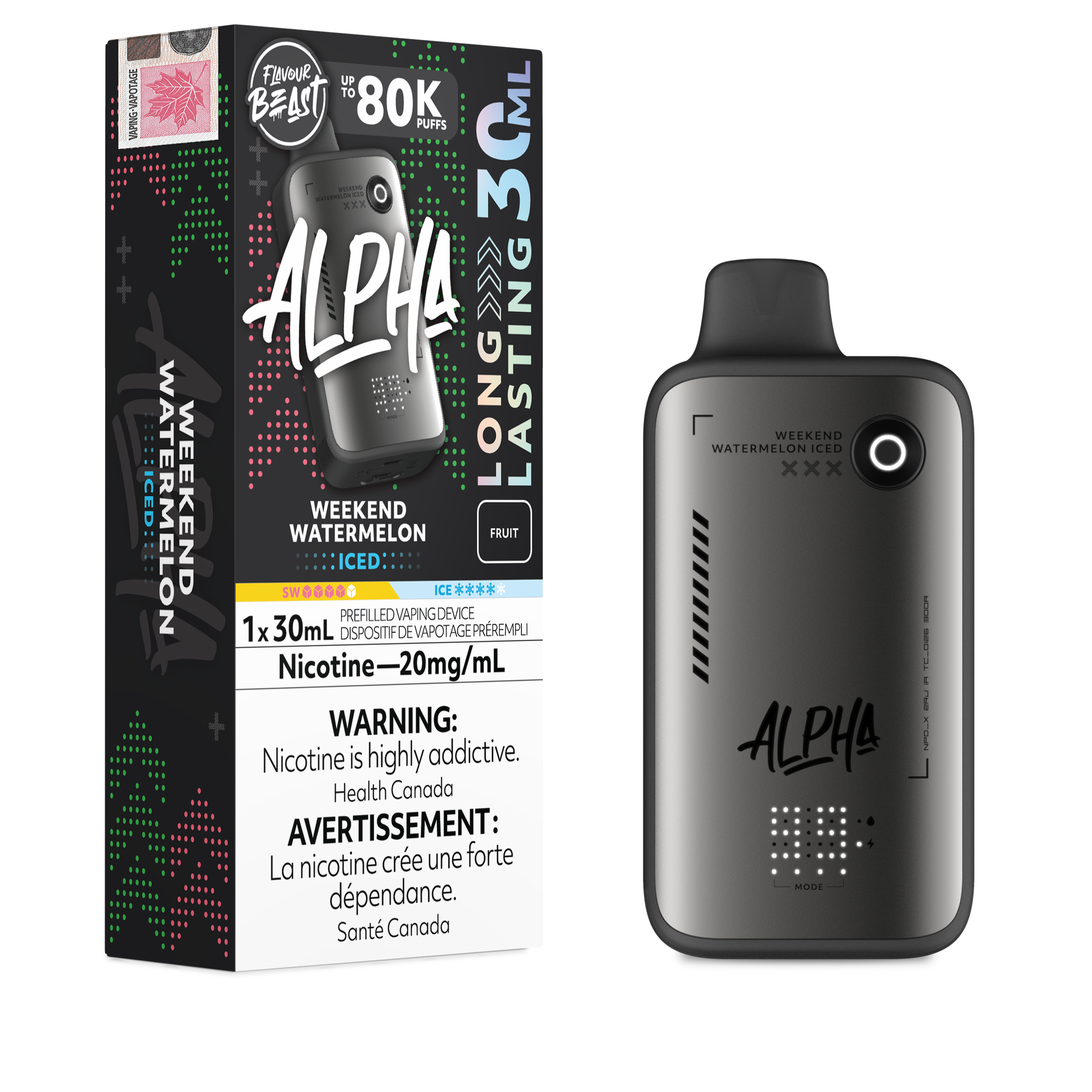 Alpha vape device and packaging on a white background