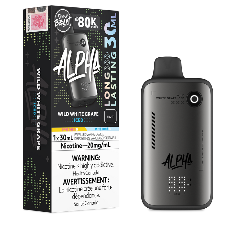 Alpha vape device and packaging on a white background