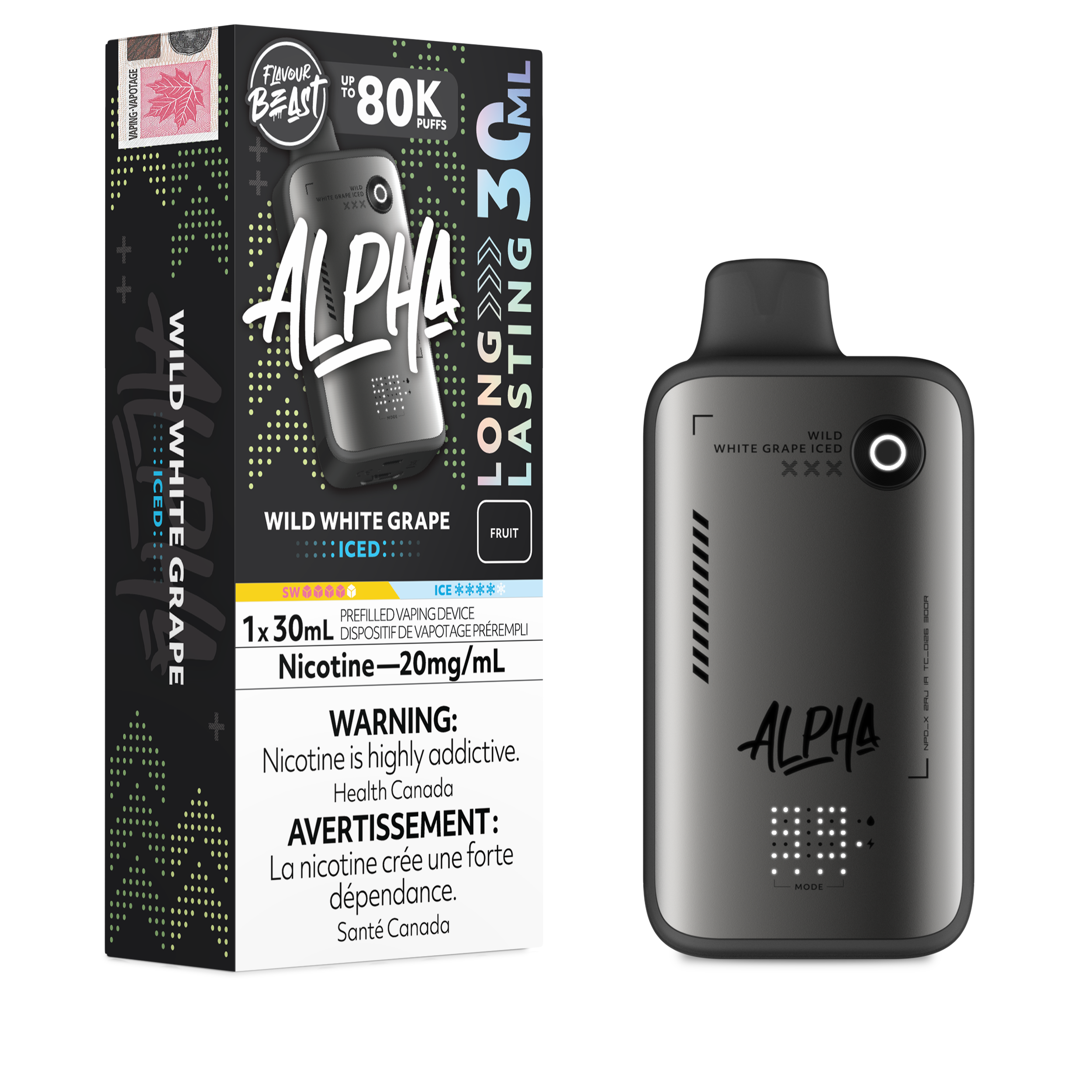 Alpha vape device and packaging on a white background