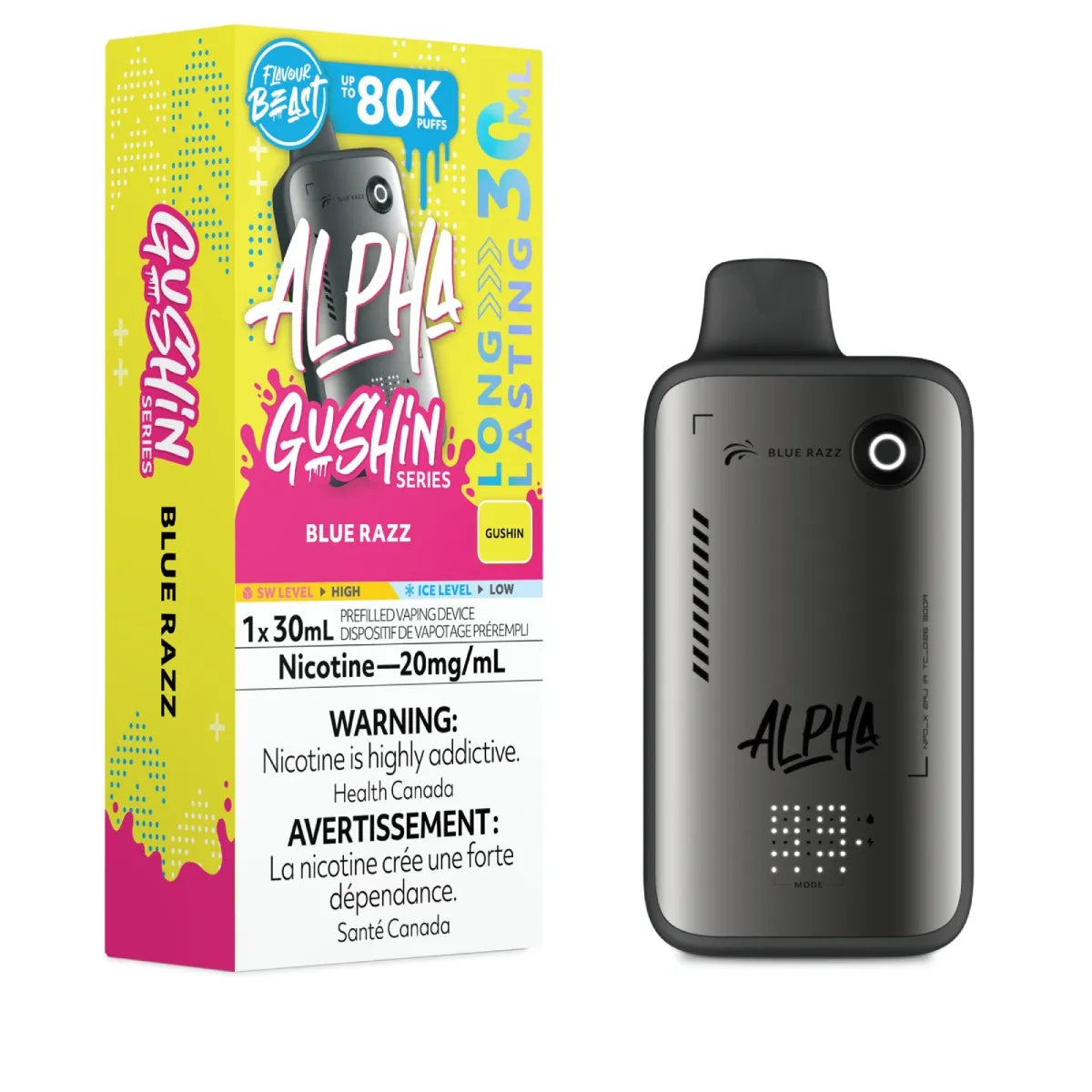 Alpha Gushin vape device and packaging on a white background