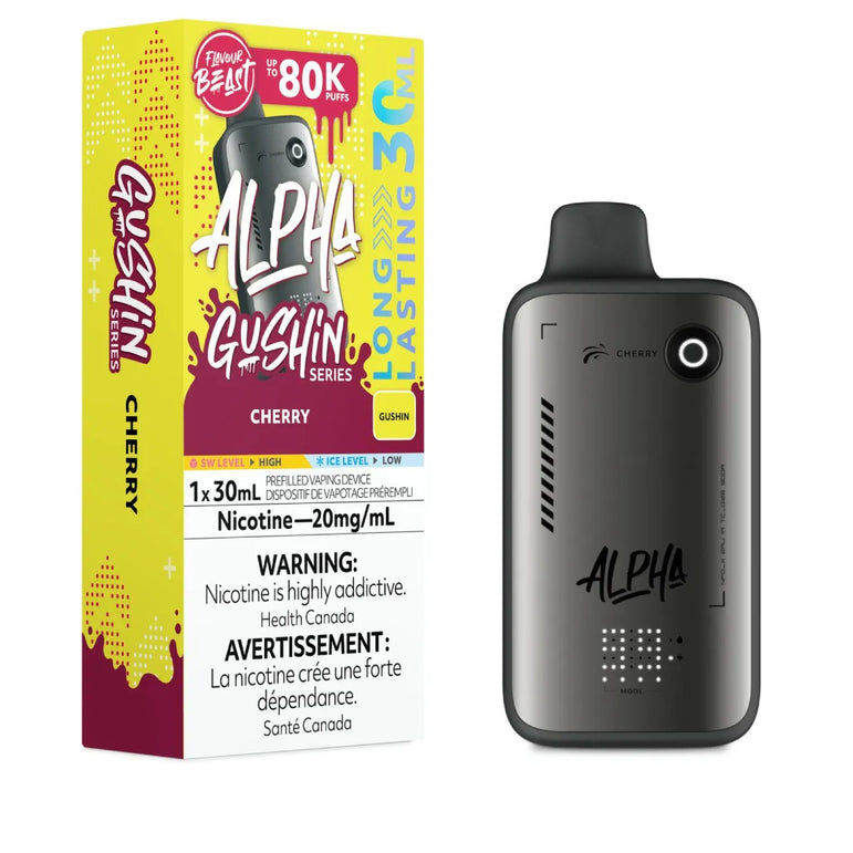 Alpha Gushin vape device and packaging on a white background
