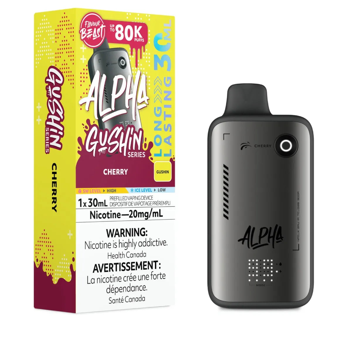 Alpha Gushin vape device and packaging on a white background