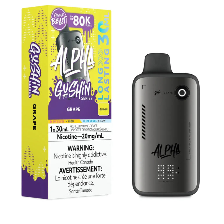 Alpha Gushin vape device and packaging on a white background