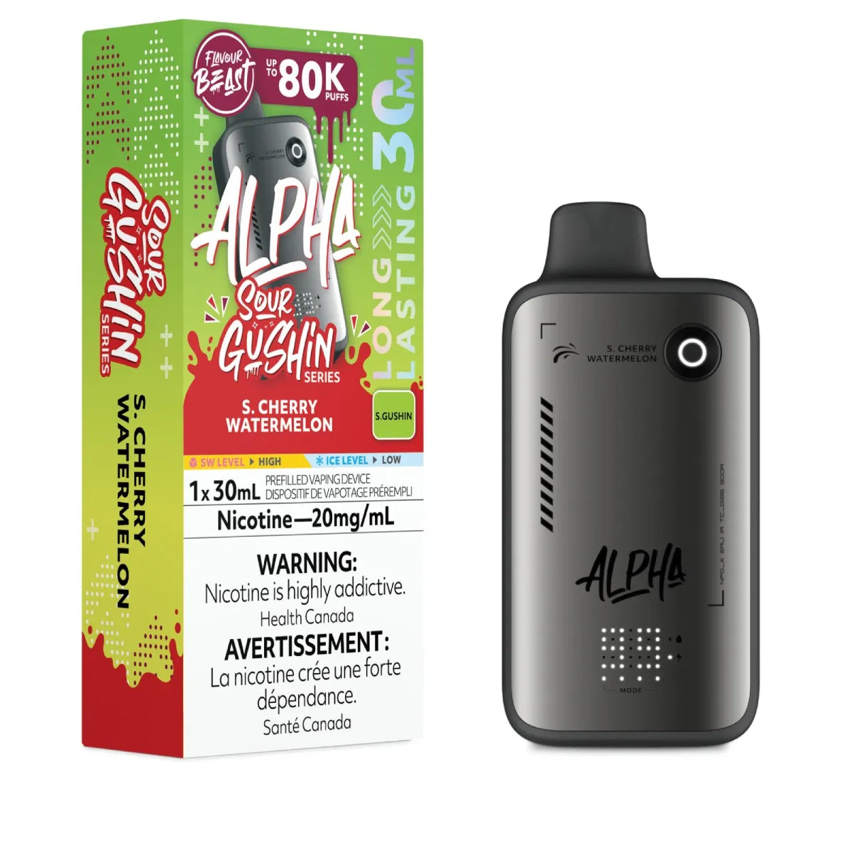 Alpha vape device and packaging on a white background