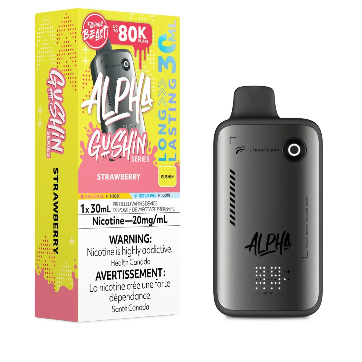 Alpha disposable vape device with strawberry flavor packaging on a white background